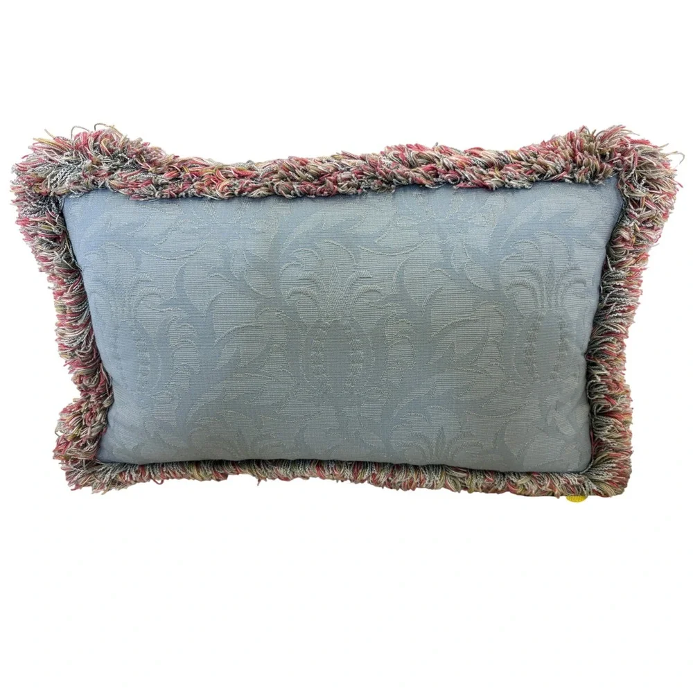 Blue Damask Lumbar Throw Pillows Down Filled Set of 2 w/Multi Color Brush Fringe